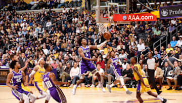 LOS ANGELES, CA - OCTOBER 4: De'Aaron Fox #5 of the Sacramento Kings shoots the ball against the Los Angeles Lakers during a pre-season game on October 4, 2018 at STAPLES Center in Los Angeles, California. NOTE TO USER: User expressly acknowledges and agrees that, by downloading and/or using this Photograph, user is consenting to the terms and conditions of the Getty Images License Agreement. Mandatory Copyright Notice: Copyright 2018 NBAE (Photo by Andrew D. Bernstein/NBAE via Getty Images)