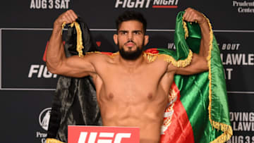 NEWARK, NEW JERSEY - AUGUST 02: Nasrat Haqparast of Germany poses on the scale during the UFC Fight Night official weigh-in at the DoubleTree Hotel on August 02, 2019 in Newark, New Jersey. (Photo by Josh Hedges/Zuffa LLC/Zuffa LLC)