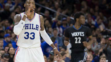 PHILADELPHIA, PA - JANUARY 3: Robert Covington #33 of the Philadelphia 76ers reacts in front of Andrew Wiggins #22 of the Minnesota Timberwolves in the third quarter at the Wells Fargo Center on January 3, 2017 in Philadelphia, Pennsylvania. The 76ers defeated the Timberwolves 93-91. NOTE TO USER: User expressly acknowledges and agrees that, by downloading and or using this photograph, User is consenting to the terms and conditions of the Getty Images License Agreement. (Photo by Mitchell Leff/Getty Images)