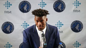 BLOOMINGTON, MN - JUNE 29: Tom Thibobeau introduces Jimmy Butler of the Minnesota Timberwolves to the public during a press conference at the Mall of America on June 29, 2017 in Bloomington, Minnesota. NOTE TO USER: User expressly acknowledges and agrees that, by downloading and or using this Photograph, user is consenting to the terms and conditions of the Getty Images License Agreement. Mandatory Copyright Notice: Copyright 2017 NBAE (Photo by Gary Dineen/NBAE via Getty Images)