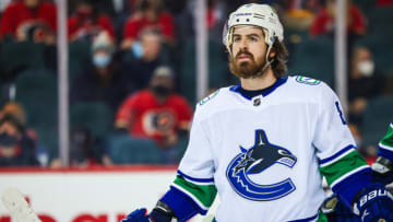 Jan 29, 2022; Calgary, Alberta, CAN; Vancouver Canucks right wing Conor Garland (8) during the third period against the Calgary Flames at Scotiabank Saddledome. Mandatory Credit: Sergei Belski-USA TODAY Sports