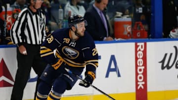 Oct 27, 2016; Buffalo, NY, USA; Buffalo Sabres center Zemgus Girgensons (28) against Minnesota Wild at KeyBank Center. Minnesota beats Buffalo 4 to 0. Mandatory Credit: Timothy T. Ludwig-USA TODAY Sports