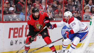 OTTAWA, ON - JANUARY 11: Connor Brown #28 of the Ottawa Senators reacts after passing the puck against Marco Scandella #28 of the Montreal Canadiens in the second period at Canadian Tire Centre on January 11, 2020 in Ottawa, Ontario, Canada. (Photo by Jana Chytilova/Freestyle Photography/Getty Images)