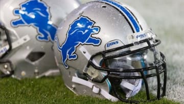 Dec 9, 2012; Green Bay, WI, USA; Detroit Lions helmets sit on the field during warmups prior to the game against the Green Bay Packers at Lambeau Field. The Packers won 27-20. Mandatory Credit: Jeff Hanisch-USA TODAY Sports