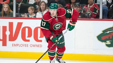 Oct 2, 2016; Saint Paul, MN, USA; Minnesota Wild forward Zac Dalpe (27) during a preseason hockey game against the Carolina Hurricanes at Xcel Energy Center. The Wild defeated the Hurricanes 3-1. Mandatory Credit: Brace Hemmelgarn-USA TODAY Sports