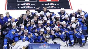 VANCOUVER , BC - JANUARY 5: Team Finland poses for a team photo following a gold medal victory against the United States at the IIHF World Junior Championships at Rogers Arena on January 5, 2019 in Vancouver, British Columbia, Canada. (Photo by Kevin Light/Getty Images)