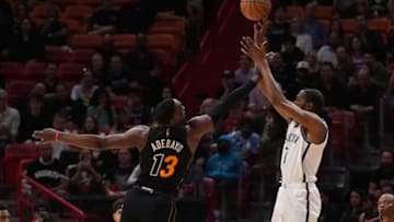 Brooklyn Nets forward Kevin Durant (7) shoots over Miami Heat center Bam Adebayo (13)(Jasen Vinlove-USA TODAY Sports)