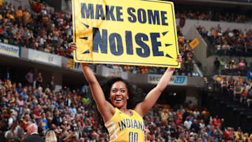 INDIANAPOLIS, IN - APRIL 23: Member of the Indiana Pacers dance team hold up a sign during the game against the Cleveland Cavaliers during Game Four of the Eastern Conference Quarterfinals of the 2017 NBA Playoffs on April 23, 2017 at Bankers Life Fieldhouse in Indianapolis, Indiana. NOTE TO USER: User expressly acknowledges and agrees that, by downloading and or using this photograph, User is consenting to the terms and conditions of the Getty Images License Agreement. Mandatory Copyright Notice: Copyright 2017 NBAE (Photo by Jeff Haynes/NBAE via Getty Images)