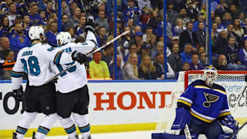 May 17, 2016; St. Louis, MO, USA; San Jose Sharks defenseman Brent Burns (88) celebrates with Joe Thornton after scoring a goal against St. Louis Blues goalie Brian Elliott (1) during the second period in game two of the Western Conference Final of the 2016 Stanley Cup Playoff at Scottrade Center. Mandatory Credit: Billy Hurst-USA TODAY Sports