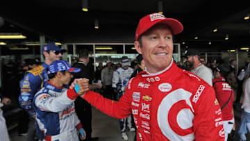 May 29, 2016; Indianapolis, IN, USA; Scott Dixon shakes hands with Takuma Sato before the 100th running of the Indianapolis 500 at Indianapolis Motor Speedway. Mandatory Credit: Thomas J. Russo-USA TODAY Sports