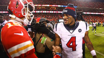 Jan 12, 2020; Kansas City, Missouri, USA; Houston Texans quarterback Deshaun Watson (4) talks with Kansas City Chiefs quarterback Patrick Mahomes (15) after a AFC Divisional Round playoff football game at Arrowhead Stadium. Mandatory Credit: Jay Biggerstaff-USA TODAY Sports