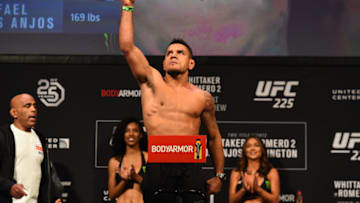 CHICAGO, ILLINOIS - JUNE 08: Rafael Dos Anjos of Brazil poses on the scale during the UFC 225 weigh-in at the United Center on June 8, 2018 in Chicago, Illinois. (Photo by Josh Hedges/Zuffa LLC/Zuffa LLC via Getty Images)