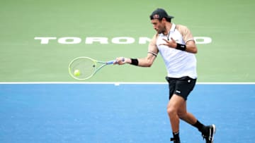 TORONTO, ON - AUGUST 7: Matteo Berrettini of Italy plays a shot against Gregoire Barrere of France during Day One of the National Bank Open, part of the Hologic ATP Tour, at Sobeys Stadium on August 7, 2023 in Toronto, Canada. (Photo by Vaughn Ridley/Getty Images)