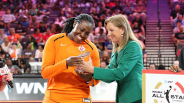 LAS VEGAS, NV - JULY 26: Shekinna Stricklen #40 of the Connecticut Sun accepts the award from Cathy Engelbert after winning the three-point contest during the 2019 WNBA MTN Dew Three-Point Contest on July 26, 2019 at the Mandalay Bay Events Center in Las Vegas, Nevada. NOTE TO USER: User expressly acknowledges and agrees that, by downloading and or using this photograph, user is consenting to the terms and conditions of the Getty Images License Agreement. Mandatory Copyright Notice: Copyright 2019 NBAE (Photo by Melissa Majchrzak/NBAE via Getty Images)