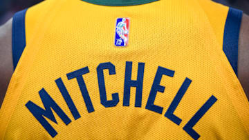 DETROIT, MICHIGAN - JANUARY 10: A detail is pictured of the back of the jersey worn by Donovan Mitchell #45 of the Utah Jazz before the game against the Detroit Pistons at Little Caesars Arena on January 10, 2022 in Detroit, Michigan. NOTE TO USER: User expressly acknowledges and agrees that, by downloading and or using this photograph, User is consenting to the terms and conditions of the Getty Images License Agreement. (Photo by Nic Antaya/Getty Images)