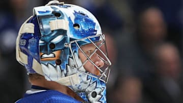 Frederik Andersen #31 of the Toronto Maple Leafs gets set to face the Ottawa Senators in an NHL game at Scotiabank Arena. (Photo by Claus Andersen/Getty Images)