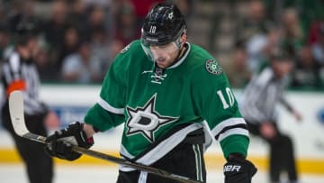 Feb 29, 2016; Dallas, TX, USA; Dallas Stars left wing Patrick Sharp (10) skates off the ice during the third period against the Detroit Red Wings at American Airlines Center. The Red Wings defeated the Stars 3-2 in overtime. Mandatory Credit: Jerome Miron-USA TODAY Sports