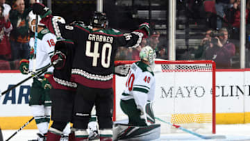 GLENDALE, ARIZONA - NOVEMBER 09: Michale Grabner #40 of the Arizona Coyotes celebrates after scoring a goal against the Minnesota Wild during the first period at Gila River Arena on November 09, 2019 in Glendale, Arizona. (Photo by Norm Hall/NHLI via Getty Images)