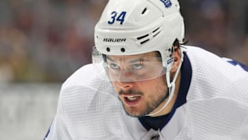 Auston Matthews #34 of the Toronto Maple Leafs waits for a faceoff against the Tampa Bay Lightning during an NHL game at Scotiabank Arena. (Photo by Claus Andersen/Getty Images)