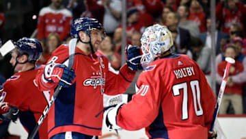 WASHINGTON, DC - APRIL 04: Washington Capitals left wing Alex Ovechkin (8) congratulates goalie Braden Holtby (70) after the game upon winning the Metropolitan Division during the Montreal Canadiens vs. Washington Capitals NHL hockey game April 4, 2019 at Capital One Arena in Washington, D.C.. (Photo by Randy Litzinger/Icon Sportswire via Getty Images)