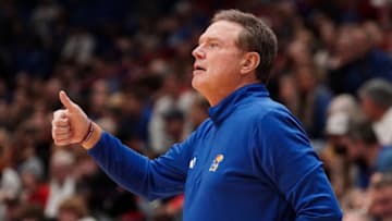 Nov 1, 2023; Lawrence, KS, USA; Kansas Jayhawks head coach Bill Self gestures to players against the Fort Hays State Tigers during the second half at Allen Fieldhouse. Mandatory Credit: Denny Medley-USA TODAY Sports