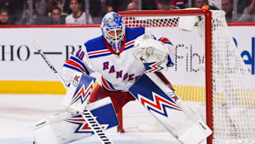 MONTREAL, QC - NOVEMBER 23: New York Rangers goalie Alexander Georgiev (40) tracks the play on his right during the New York Rangers versus the Montreal Canadiens game on November 23, 2019, at Bell Centre in Montreal, QC (Photo by David Kirouac/Icon Sportswire via Getty Images)