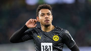 Donyell Malen of Borussia Dortmund celebrates after scoring against Wolfsburg. (Photo by Boris Streubel/Getty Images)