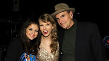 NEW YORK, NY - NOVEMBER 22: (L-R) Selena Gomez, Taylor Swift and James Taylor pose during the 'Speak Now World Tour' at Madison Square Garden on November 22, 2011 in New York City. Taylor Swift wrapped up the North American leg of her SPEAK NOW WORLD TOUR with two sold-out shows at Madison Square Garden this week. In 2011, the tour played to capacity crowds in stadiums and arenas over 98 shows in 17 countries spanning three continents, and will continue in 2012 with shows Australia and New Zealand. (Photo by Larry Busacca/Getty Images)