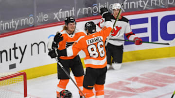 May 10, 2021; Philadelphia, Pennsylvania, USA; Philadelphia Flyers left wing Joel Farabee (86) celebrates his goal with right wing Wade Allison (57) against the New Jersey Devils during the third period at Wells Fargo Center. Mandatory Credit: Eric Hartline-USA TODAY Sports