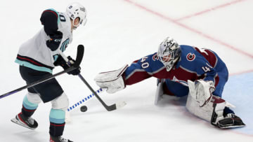 DENVER, COLORADO - APRIL 26: Alexandar Georgiev #40 of the Colorado Avalanche saves a shot on goal by Eeli Tolvanen #20 of the Seattle Kraken in the third period during Game Five of the First Round of the 2023 Stanley Cup Playoffs at Ball Arena on April 26, 2023 in Denver, Colorado. (Photo by Matthew Stockman/Getty Images)