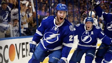 May 24, 2016; Tampa, FL, USA; Tampa Bay Lightning left wing Jonathan Drouin (27) celebrates during the first period of game six of the Eastern Conference Final of the 2016 Stanley Cup Playoffs at Amalie Arena. Mandatory Credit: Kim Klement-USA TODAY Sports
