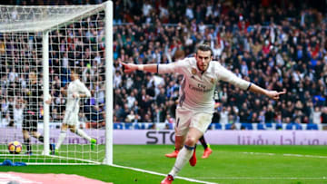MADRID, SPAIN - FEBRUARY 18: Gareth Bale of Real Madrid CF celebrates scoring their second goal during the La Liga match between Real Madrid CF and RCD Espanyol at Estadio Santiago Bernabeu on February 18, 2017 in Madrid, Spain. (Photo by Gonzalo Arroyo Moreno/Getty Images)