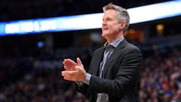 DENVER, CO - FEBRUARY 03: Head Coach Steve Kerr of the Golden State Warriors coaches against the Denver Nuggets at Pepsi Center on February 3, 2018 in Denver, Colorado. NOTE TO USER: User expressly acknowledges and agrees that, by downloading and or using this photograph, User is consenting to the terms and conditions of the Getty Images License Agreement. (Photo by Jamie Schwaberow/Getty Images)