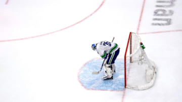 EDMONTON, ALBERTA - SEPTEMBER 04: Thatcher Demko #35 of the Vancouver Canucks reacts after allowing a goal to Shea Theodore (not pictured) of the Vegas Golden Knights during the third period in Game Seven of the Western Conference Second Round during the 2020 NHL Stanley Cup Playoffs at Rogers Place on September 04, 2020 in Edmonton, Alberta, Canada. (Photo by Bruce Bennett/Getty Images)