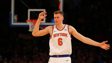 NEW YORK, NY - JANUARY 10: (NEW YORK DAILIES OUT) Kristaps Porzingis #6 of the New York Knicks in action against the Chicago Bulls at Madison Square Garden on January 10, 2018 in New York City. The Bulls defeated the Knicks 122-119 in double overtime. (Photo by Jim McIsaac/Getty Images)