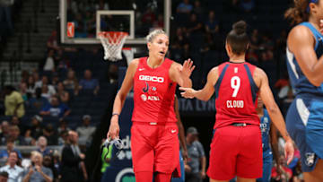 MINNEAPOLIS, MN- AUGUST 16: Elena Delle Donne #11 of the Washington Mystics and Natasha Cloud #9 of the Washington Mystics celebrate during the game against the Minnesota Lynx on August 16, 2019 at the Target Center in Minneapolis, Minnesota NOTE TO USER: User expressly acknowledges and agrees that, by downloading and or using this photograph, User is consenting to the terms and conditions of the Getty Images License Agreement. Mandatory Copyright Notice: Copyright 2019 NBAE (Photo by David Sherman/NBAE via Getty Images)