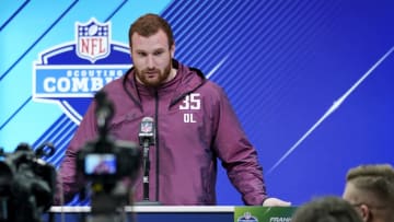 INDIANAPOLIS, IN - MARCH 01: Arkansas offensive lineman Frank Ragnow speaks to the media during NFL Combine press conferences at the Indiana Convention Center on March 1, 2018 in Indianapolis, Indiana. (Photo by Joe Robbins/Getty Images)