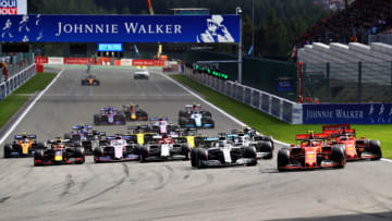 SPA, BELGIUM - SEPTEMBER 01: Charles Leclerc of Monaco driving the (16) Scuderia Ferrari SF90 leads the field into turn one at the start during the F1 Grand Prix of Belgium at Circuit de Spa-Francorchamps on September 01, 2019 in Spa, Belgium. (Photo by Mark Thompson/Getty Images)