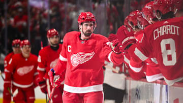 Nov 22, 2023; Detroit, Michigan, USA; Detroit Red Wings center Dylan Larkin (71) celebrates his goal with teammates during the first period against the New Jersey Devils at Little Caesars Arena. Mandatory Credit: Tim Fuller-USA TODAY Sports