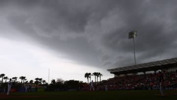 Mar 25, 2016; Sarasota, FL, USA; Dark clouds move over the stadium during the 4th inning of the spring training game between the New York Yankees and Baltimore Orioles at Ed Smith Stadium. Mandatory Credit: Jonathan Dyer-USA TODAY Sports