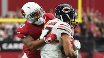 GLENDALE, AZ - SEPTEMBER 23: Wide receiver Christian Kirk #13 of the Arizona Cardinals makes a tackle on cornerback Bryce Callahan #37 of the Chicago Bears at State Farm Stadium on September 23, 2018 in Glendale, Arizona. The Chicago Bears won 16-14. (Photo by Jennifer Stewart/Getty Images)
