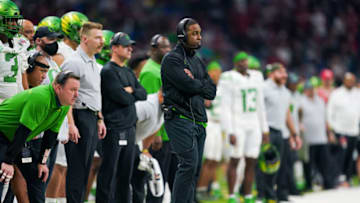 Dec 29, 2021; San Antonio, Texas, USA; Oregon Ducks interim head coach Bryan McClendon looks during the second half of the 2021 Alamo Bowl against the Oklahoma Sooners at the Alamodome. Mandatory Credit: Daniel Dunn-USA TODAY Sports
