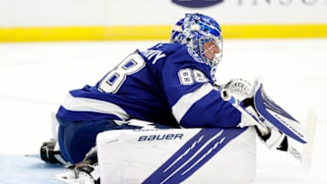 May 20, 2021; Tampa, Florida, USA; Tampa Bay Lightning goaltender Andrei Vasilevskiy (88) looks on against the Florida Panthers during the second period in game three of the first round of the 2021 Stanley Cup Playoffs at Amalie Arena. Mandatory Credit: Kim Klement-USA TODAY Sports