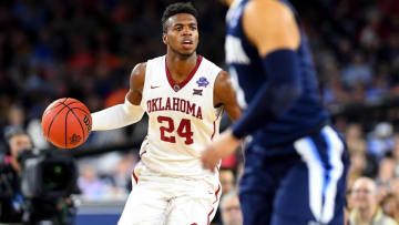 Apr 2, 2016; Houston, TX, USA; Oklahoma Sooners guard Buddy Hield (24) handles the ball during the second half against the Villanova Wildcats in the 2016 NCAA Men's Division I Championship semi-final game at NRG Stadium. Mandatory Credit: Bob Donnan-USA TODAY Sports