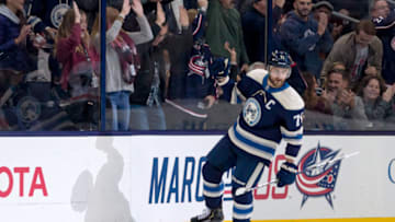COLUMBUS, OH - OCTOBER 18: Columbus Blue Jackets left wing Nick Foligno (71) celebrates after scoring a goal in the second period of a game between the Columbus Blue Jackets and the Philadelphia Flyers on October 18, 2018 at Nationwide Arena in Columbus, OH. (Photo by Adam Lacy/Icon Sportswire via Getty Images)