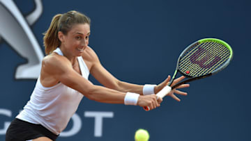 PALERMO, ITALY - AUGUST 07: Petra Martic of Croatia returns a shot against Aliaksandra Sasnovich of Belarus during 31st Palermo Ladies Open - Quarter Finals on August 07, 2020 in Palermo, Italy. (Photo by Tullio M. Puglia/Getty Images)