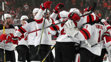 PHILADELPHIA, PA - FEBRUARY 13: Members of the New Jersey Devils celebrate after defeating the Philadelphia Flyers 5-4 in a shootout on February 13, 2018 at the Wells Fargo Center in Philadelphia, Pennsylvania. (Photo by Len Redkoles/NHLI via Getty Images)