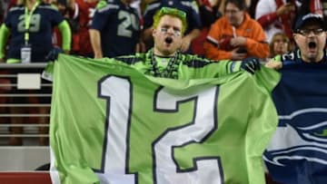 November 27, 2014; Santa Clara, CA, USA; Seattle Seahawks fan holds a 12th man flag before the game against the San Francisco 49ers at Levi