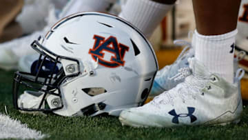 COLUMBIA, MO - SEPTEMBER 23: A Auburn Tigers football helmet rests at the feet of a player during the second half of a college football game against the Missouri Tigers, Saturday, September 23, 2017, at Memorial Stadium in Columbia Missouri. (Photo by Scott Kane/Icon Sportswire via Getty Images)