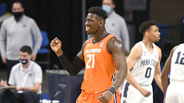 UNIVERSITY PARK, PA - DECEMBER 23: Kofi Cockburn #21 of the Illinois Fighting Illini celebrates a basket in the fist half during a college basketball game against the Penn State Nittany Lions on December 23, 2020 at the Bryce Joyce Center in University Park, Pennsylvania. (Photo by Mitchell Layton/Getty Images)